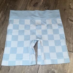 blue checkered biker shorts